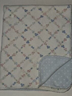 Laura Ashley Reversible Fleece Baby Blanket Pink Floral Blue White Polka Dots